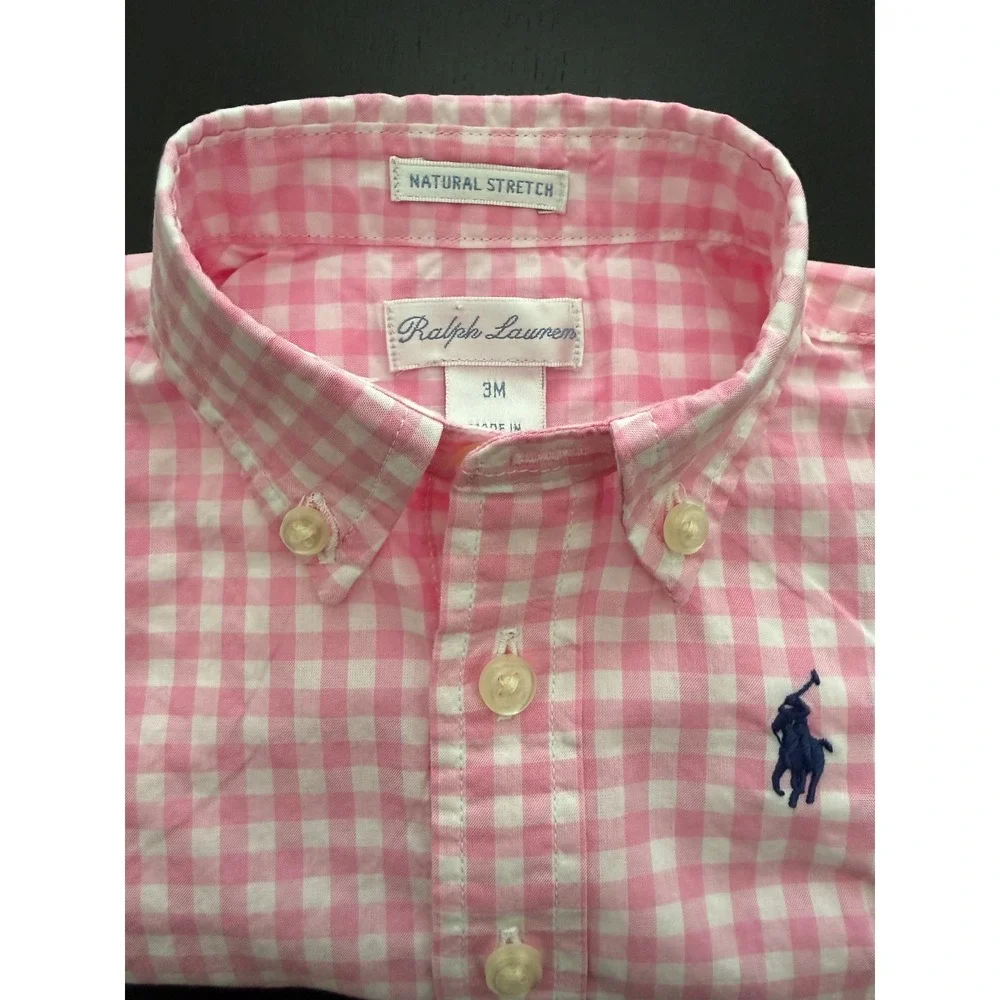 Ralph Lauren Baby Gingham Poplin Shirt Size  3 Months Pink Cotton‎ Button Down